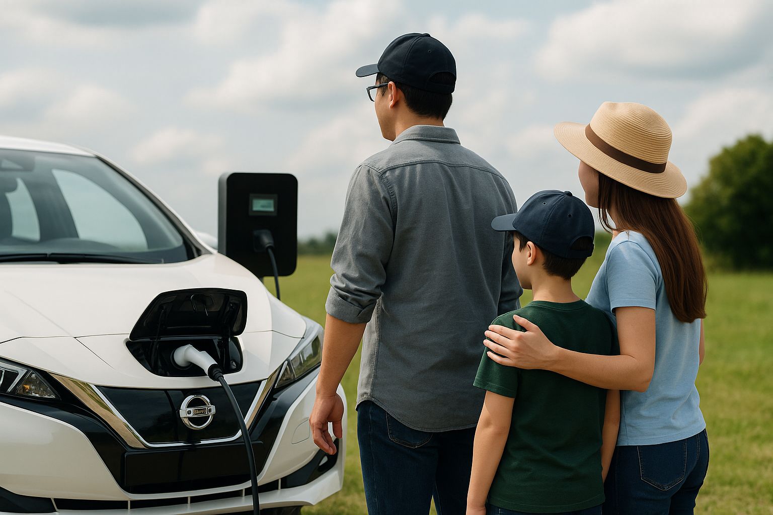 Familj laddar Nissan Leaf utomhus